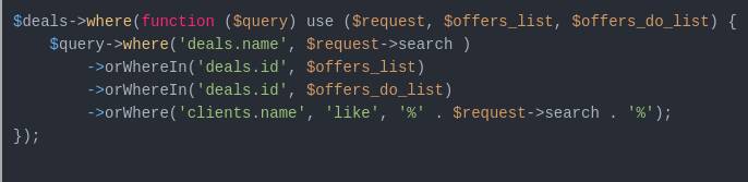 Выполнение sql запроса с помощью orWhere laravel db query builder Выполнение sql запроса с помощью orWhere laravel db query builder